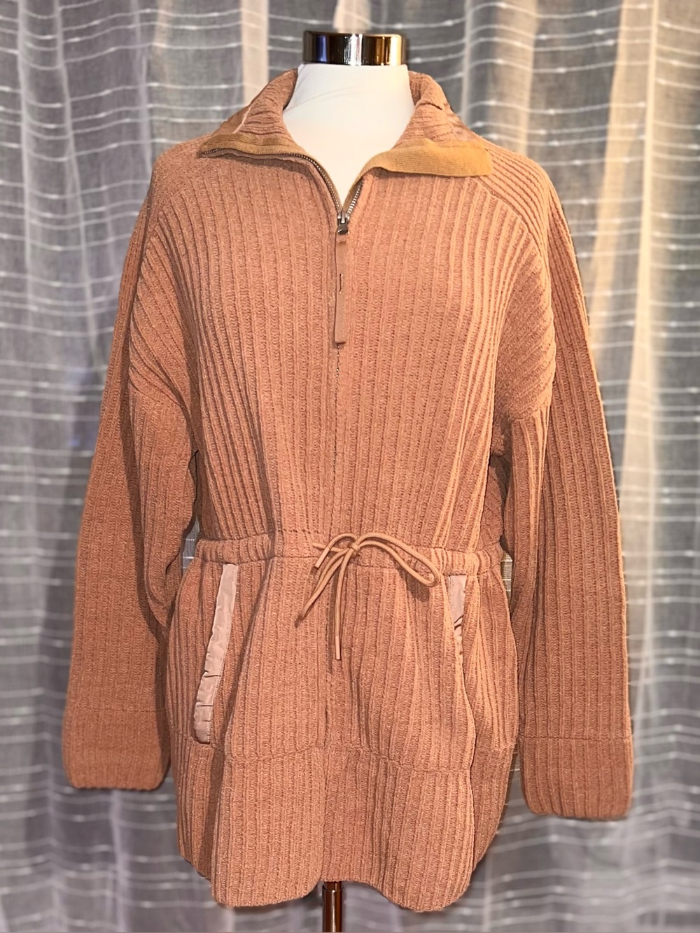 FLX Sz XXL Drawstring Waist Soft Ribbed Tunic-Length Jacket in Tan